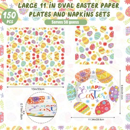 Havawish 150Pcs Easter Paper Plates and Napkins Sets 50Pcs 11 Inch Easter Disposable Oval Plates and 100 Pcs 13 Inch Easter Paper Napkins for Easter Spring Holiday Party Supplies(Easter Eggs)
