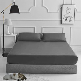 Fitted Bed Sheet With Matching FREE 2 X PILLOW CASE Plain Dyed Poly Cotton Percale Easy Care Bed Sheet Grey King