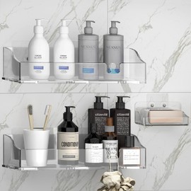 YAWSOUP Acrylic Shower Shelves 3 Pack, Clear Adhesive Shower Caddy Organizer, Rustproof No Drill Wall Mount Bathroom & Kitchen Storage Rack