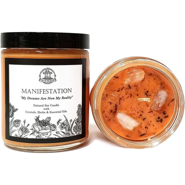 Manifestation Affirmation Candle 8 oz Natural Soy Wax with Citrine Crystals, Herbs & Essential Oils for Dreams, Wishes, Goals & The Law of Attraction for Wiccan, Pagan & Magic Spells & Rituals