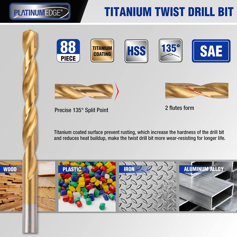 PLATINUMEDGE 140PC Multipurpose Drill Bits Set, 88PC Titanium Twist Drill