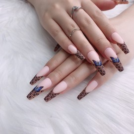 24pcs Leopard Butterfly Print Design Press On Nails Fashion Women Extra Long Detachable False Nails Finished Wearing Manicure for women and girls