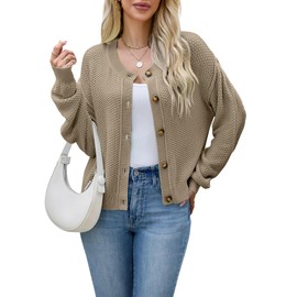 AGSEEM Cropped Sweaters for Women, Long Sleeve Button Cardigan Crew Neck Khaki Y2k Holiday Soft Ladies Casual Cardigan,M