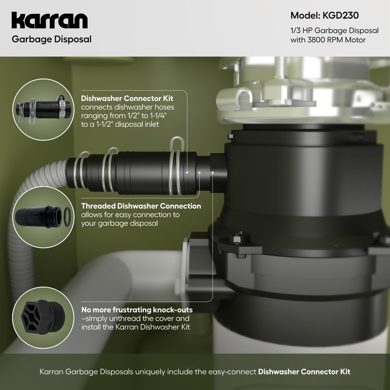 Karran 1/3 HP Quiet Garbage Disposal with Power Cord –