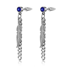 WCRAZYE Feather Earrings for Men Women 316L Surgical Stainless Steel Crystal Feather Chain Tassel Dangle Drop Earrings Punk Hip Hop Vintage Feather Drop Earrings Party Birthday Jewelry (Silver blue crystal chain)