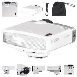 Godox Lux Junior Retro Camera Flash with Diffuser, Speedlite GN12 6000K±200K CCT, Automatic and Manual Modes 1/1-1/64 Flash Power, 28mm Focal Length for Canon Nikon Sony Fuji Olympus Cameras - White