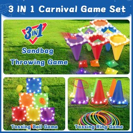 Custoduy 3-in-1 Carnival Games Combo Set, LED Bean Bag Game Party Supplies, Ring Toss Yard Lawn Backyard Games, Great Outdoor Toys for Kids Adults Birthday Parties, School Activities