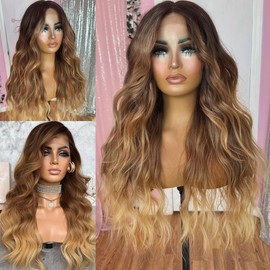 YUPEWG Ombre Honey Blonde 13x4x1 Synthetic Lace Front Wig Pre Plucked Wigs for Women Ready to Wear HD Glueless Natural Wavy Middle Part Wig