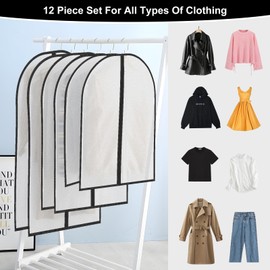 Pack of 12 Garment Bags with Zip, Transparent Garment Bag, Garment Covers Cover, Anti-Dust Garment Covers for Suits, Dresses, Coats, Jackets, Clothing Storage