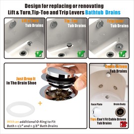 Artiwell Universal Tip Toe Bath Drain Stopper and Cover, Bathtub Drain Stopper, Replaces Lift and Turn, Tip-Toe and Trip Lever drains for Tub, EZ Installation and Clearing (Chrome Plated)