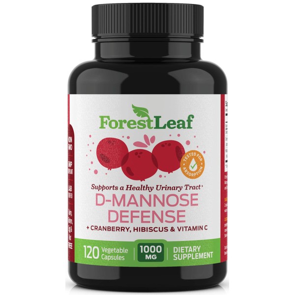 ForestLeaf D-Mannose Defense 1000mg - D Mannose with Cranberry, Hibiscus and Vitamin C - for Urinary Tract Health and Cleanse, Urinary Pain & Bladder Control - 120 Veggie Capsules