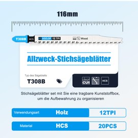 MUOZLOP 20 pieces T308B jigsaw blades, T-shank jigsaw blade set with storage case for wood, saw blades, jigsaw accessories (20 pieces T308B)