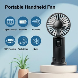 YIYEDWQ Portable Handheld Fan, 5000mAh, 4 Speeds & Digital Display, 180° Foldable 3 in 1 Handheld/Neck/Desk/Ultra Quiet Fan for Outdoor Indoor (Black)