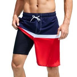 Arcweg Mens Swimming Shorts Long Swimming Trunks with Compression Liner 2 in 1 Swim Trunks with Zipper Pockets Quick Dry Men's Swim Shorts Double Layer Dark Blue Red M（UK