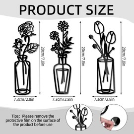 3 Pcs Black Flower Wall Art Decoration, 20cm Acrylic Black Vase Wall Art for Hallway and Stairs, Kitchen Wall Arts Living Room Bathroom Decorations Bedroom Hallway Decor