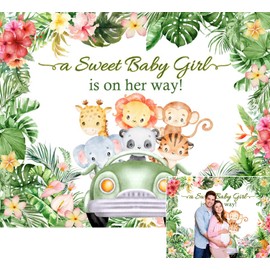 Duluxykl A Sweet Baby Girl is On Her Way Baby Shower Backdrop 10x8ft Tropical Jungle Zoo Animals Newborn Party Photography Background Green Leaves Oh Baby Decorations Banner Photo Booth Props