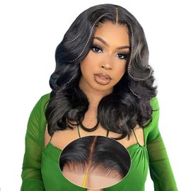 tunfine Layered Cut Curtain Bangs Face-Framing Bob Wig Human Hair 9x6 Glueless Wigs Pre Plucked Pre Cut HD Lace 200 Density Loose Body Wave Ready to Wear Wigs Glueless Human Hair for Women 12 Inch