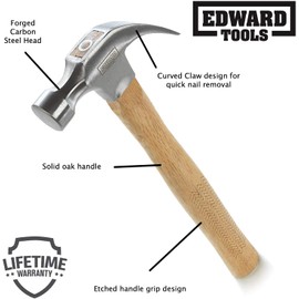 Edward Tools Oak Claw Hammers 16 oz (Pack of 6) - Heavy Duty All Purpose Hammer - Forged Carbon Steel Head - Etched Solid Oak Handle for more durability and grip