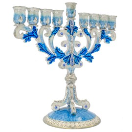 Enameled Metal Menorah with Jeweled Accents (Hand-Painted Enamel Menorah Blue/White/Silver)