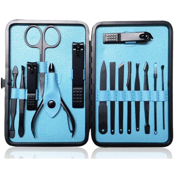 Sharp Nail Scissors and Nail Clippers Set High Precisio Stainless Steel Nail Cutter Pedicure Kit Nail File Manicure Pedicure Kit Fingernails & Toenails with stylish case (blue_(15in1))