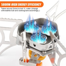 5800W Camping Gas Stove, Portable Windproof Backpacking Burner Cooking Stoves Folding Wild Camp Gas Burner for BBQ Outdoor Hiking Fishing Picnic with Piezo Ignition Adapters Converter