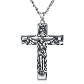 Trinity Crucifix Necklace The Father Son and Holy Ghost Trinity Cross Crucifix Pendant Necklace Sterling Silver Cross Pendant with Stainless Steel Chain Necklace for Men Christians