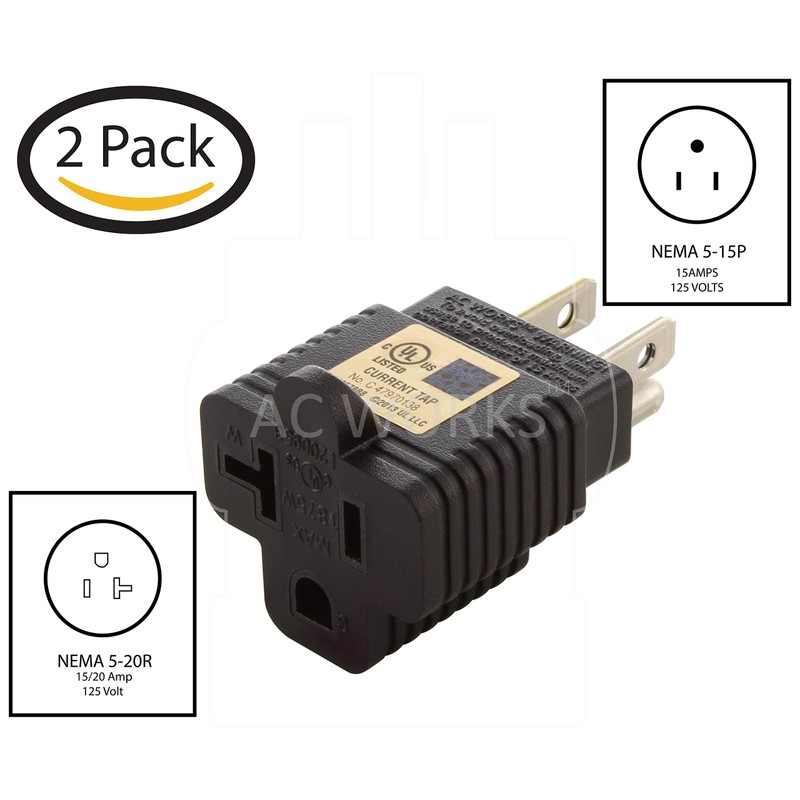 AC WORKS 15 to 20Amp 125Volt T-Blade Adapter (2PK-Compact)