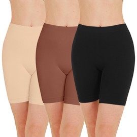 POPKOK Womens Slip Shorts for Under Dresses Seamless Boyshorts Panties 3 Pack(Large, Black/Beige/Brown)