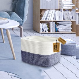 COMFY-HOMI Medium Cotton Rope Basket With Handles for Shelves|Dog Toy Basket|Baby Basket|Gift Basket Empty for Organizing|NEW Generation 13.5" x 11" x 9.5" for Living Room（Navy Blue）