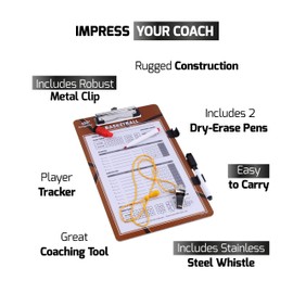 Basketball Clipboard Dry Erase for Coach– Double Sided Lineup Basketball Whiteboard for Coaches with Whistle and Dry Erase – Coaching Equipment Playbook Board Gear - Basketball Coaching Board