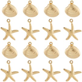 SUNNYCLUE 1 Box 64Pcs 2 Styles Starfish and Shell Charms Stainless Steel Beach Charms Bulk Boho Summer Metal Gold Sea Ocean Pendants for Jewellery Making Supplies DIY Craft Necklace Bracelet Earring