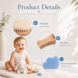 Baby Hair Brush & Comb Set, Organic Wooden Hairbrush Natural Goat Bristles for Newborns & Toddlers, Ideal for Cradle Cap & Itching, Perfect Shower and