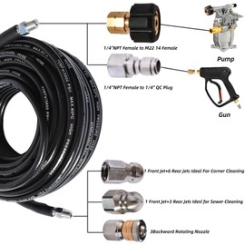 Sewer Jetter Kit for Pressure Washer 5800 PSI Drain Cleaner Hose 1/4 Female NPT,Button Nose,Pressure Washer Adapter,Button Hose Sewer Jetting Nozzle Pearl Corsage Pin Waterproof Tape with 2 Spanner