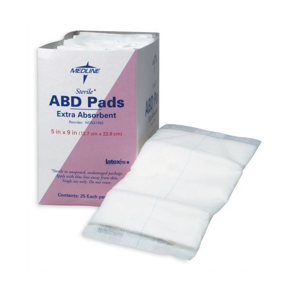 Medline Sterile Abdominal Pad, NON21450H, 5 inch x 9 inch, 2 Packs of 25 Count - Total 50 (Package May Vary)