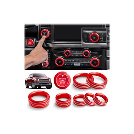 Polodunn for 2021-2025 Ford F150 Accessories & 2023-2025 Super Duty F250 F350 F450, 9pcs Aluminum Alloy Knob Covers Kit - Push Start, Headlight Switch, A/C, Vol Tune, Pro Trailer & Drive Mode (Red)