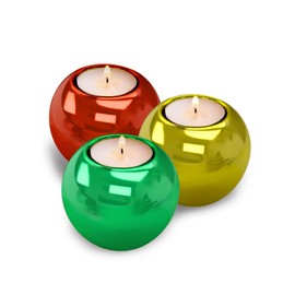Set of 3 Christmas Candle Holders with Candles for Christmas Decor, Metallic Sphere Design in Red, Green, and Gold, Ceramic Holders for Festive Decoration