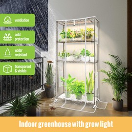 SpeePlant Indoor Greenhouse with Grow Light and Shelves - 4 Tier Plant Stand with Grow Light, Zippered PVC Cover and 3 Dimmable 1.8FT 60W Grow Lights with Timer, 30" L X 14" W X 59" H, Black