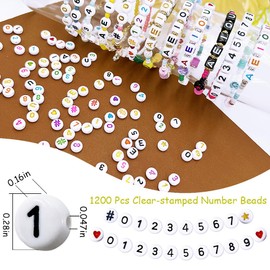 MIIIM 1200 Pcs Serif Number Number Beads for Bracelets, 4x7mm Round Number Beads 0-9 for Phone Digits, Keychains, Necklace, with Symbols and Charms (White, Black)