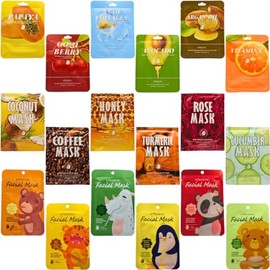 Kit de 18 Mascarillas faciales coreanas surtidas - Aguacate, Colageno de caracol, baya Goji, Papaya, Vitamina C, Aceite de Argan, Cúrcuma, Miel, Café.
