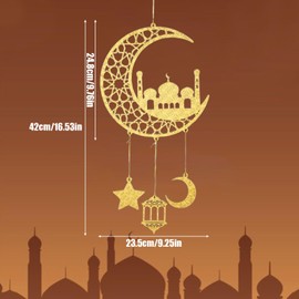 Ramadan Mubarak Decoration Wooden Pendant, 1 Piece Star Moon Lantern Eid Mubarak Door Sign Wooden Signs for Muslim Islam Ramadan Party Decorations (Gold Castle)