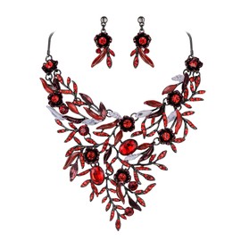 BriLove Wedding Bridal Jewelry Set for Women Crystal Flower Enamel Leaf Cluster Statement Necklace Dangle Earrings Ruby Color Black-Tone