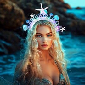 Handcess Leuchtender Geburtstags-Stirnband Festival LED Seestern Haarband Glitzer Kostüm Muschel Haarreifen Party Rave Haarschmuck für Frauen