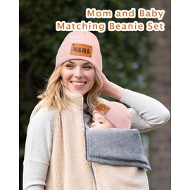 2PCS Parent-Child Beanie Hat MAMA and MINI Leather Patch Knitted Hat Winter Warm Cuffed Ski Cap, Pink, Small