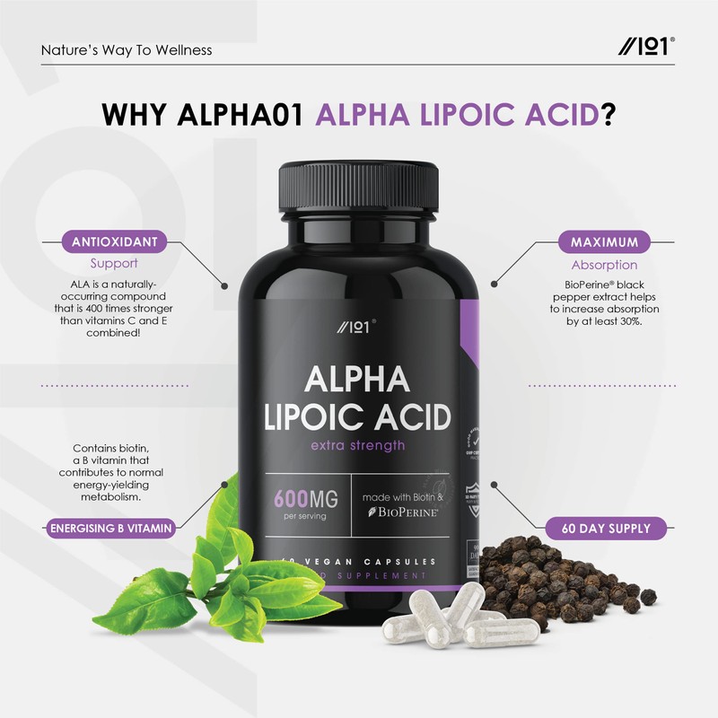 Alpha Lipoic Acid (ALA) 600mg - Made with Biotin &