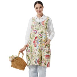 APRONNER Cozy Adjustable Cross Back Aprons for Women with Pockets Cotton Linen Cooking Kitchen Baking Yellow Flowers