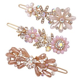 Hair Barrettes for Women – 3PCS Vintage Crystal & Beaded Metal Clips in Blue, Gray & Purple, Elegant Snap Hair Accessories for Weddings, Parties & Daily Wear, 3.5–6.2cm