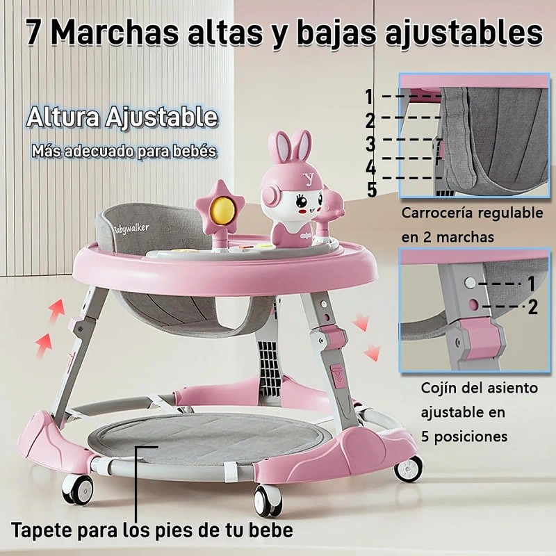 Caminador Bebé:plegable Compacto, Música, Ajustable, Seguro