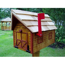 Rural Mailbox w Flag Wood Roof Log Cabin Red Trim Amish Handmade Handcrafted