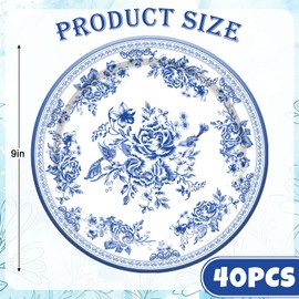 Whaline 40Pcs Blue Floral Paper Plates Blue White Flower Disposable Plates 9 Inch Decorative Dinner Dessert Plates for Spring Wedding Bridal Baby Shower Birthday Tea Party Supplies