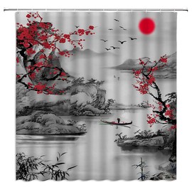 FILMILIL Asian Decor Shower Curtain Red Plum Blossom Branch Japanese Bamboo Trees Sun and Misty Mountains Art Chinese Traditional Ink Bathroom Decor Curtains Polyester Fabric with Hooks 80 X 70 Inch